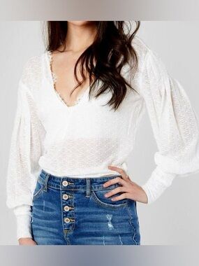 Free People White Lace-Edge V-Neck Blouse
